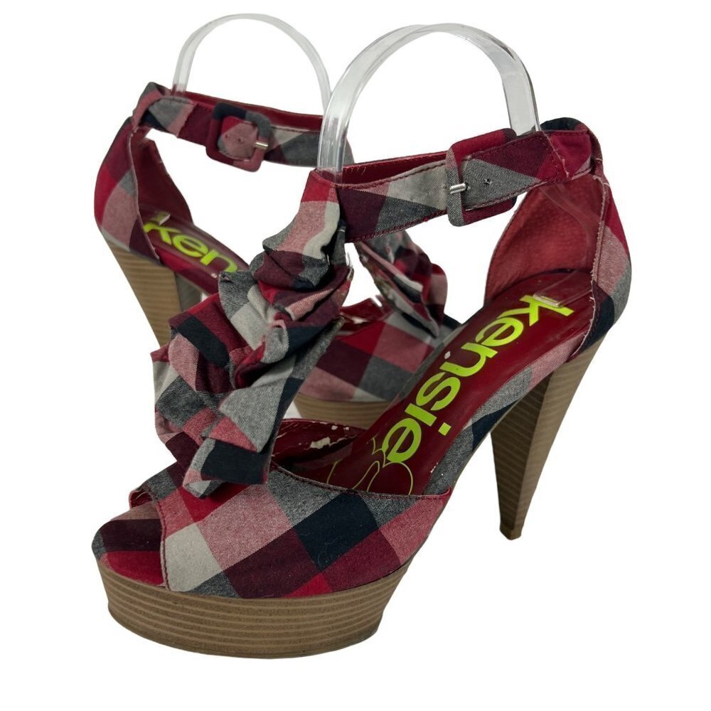 Kensie Girl Red Plaid Spike High Heels Open Toe Platform size 8